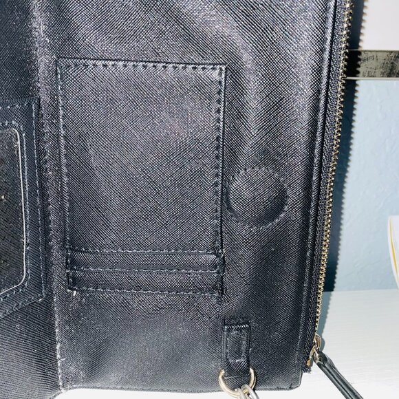 Black Saffiano Leather Dual Zip Wallet - Flat Open Organizer Clutch - Gold HW - Picture 5 of 7